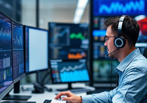 Man at call center reviewing data